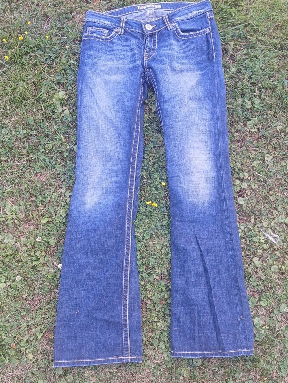 GUC BKE Stella Distressed  Blue Bootcut Jeans Mid Wash Embelliahed Pockets